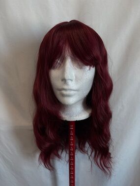 Burgundy Wavy Synthetic Wig with Soft Bangs - Unbranded